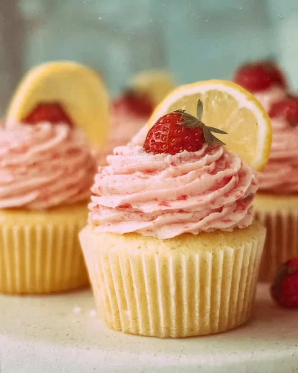 Delicious strawberry lemonade cupcakes topped with fresh strawberries and lemon frosting