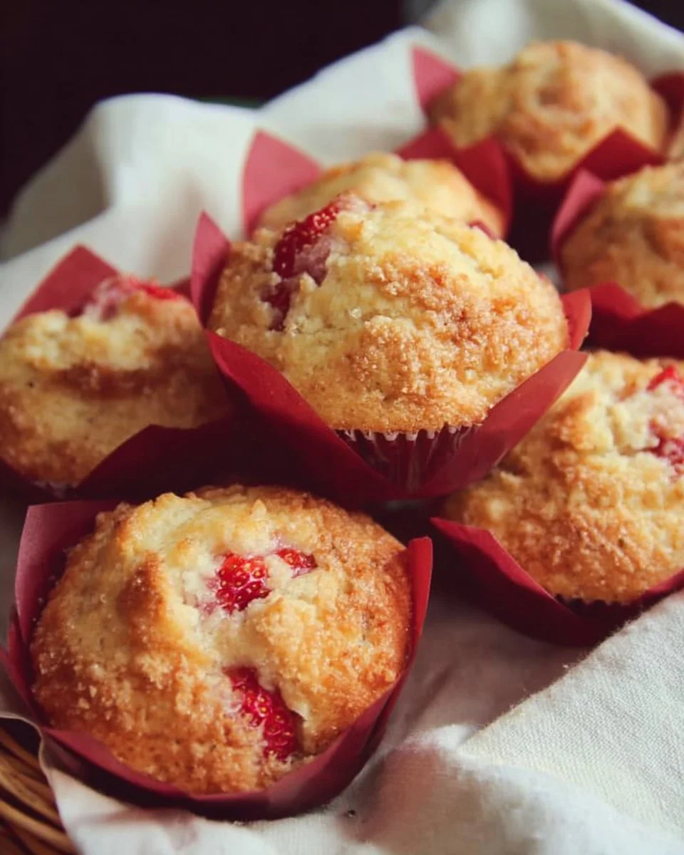 Freshly baked strawberry muffins with chunks of ripe strawberries on a plate.
