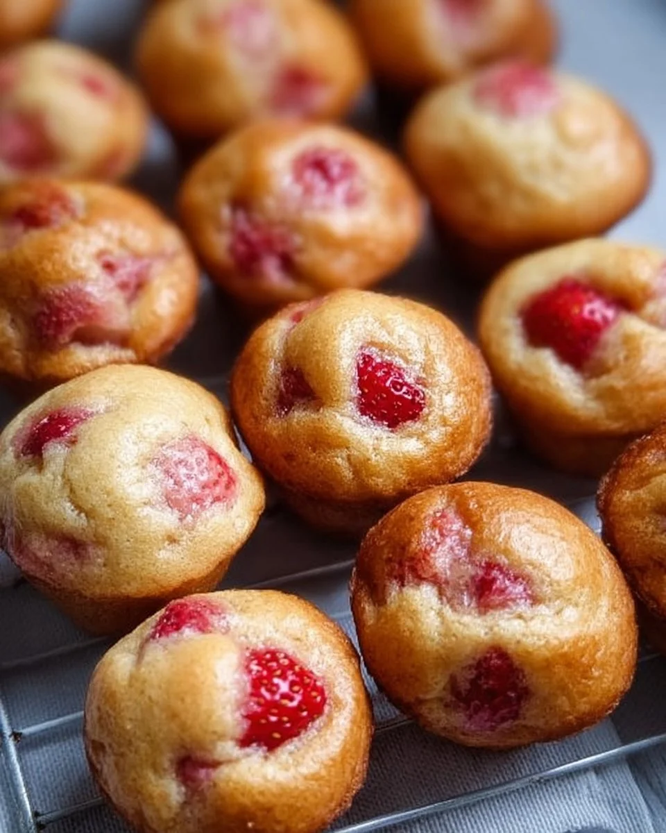 Freshly baked strawberry yogurt mini muffins on a wooden table