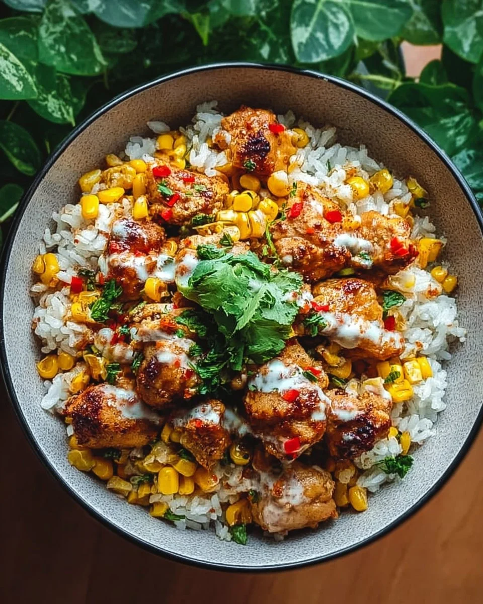 Delicious Street Corn Chicken Rice Bowl with grilled chicken and corn
