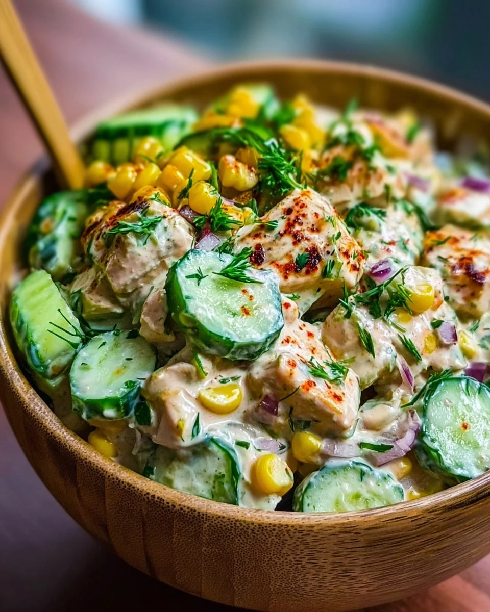 Delicious Street Corn Creamy Cucumber Chicken Salad served in a bowl