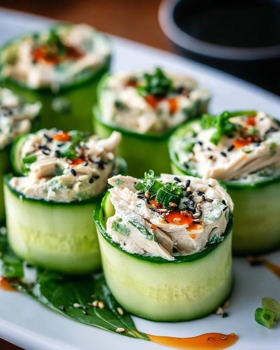 Tasty chicken salad cucumber roll ups served on a plate