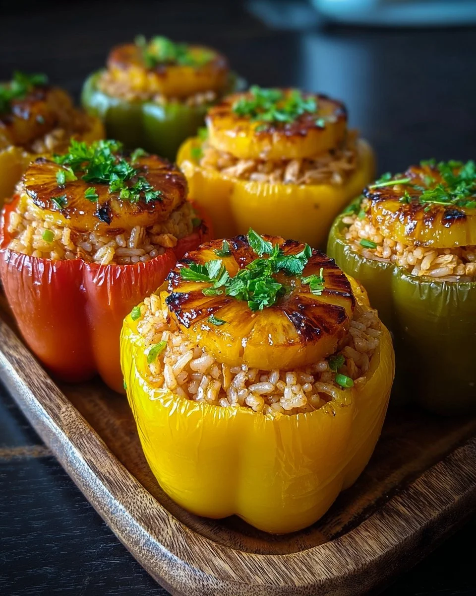 Teriyaki chicken and rice stuffed peppers with pineapple on a plate.