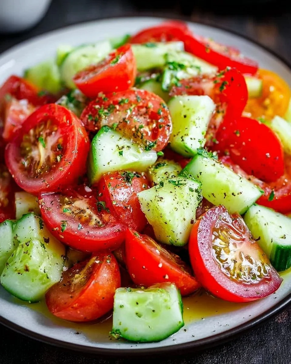 Cucumber tomato salad with fresh ingredients, vinegar, and olive oil
