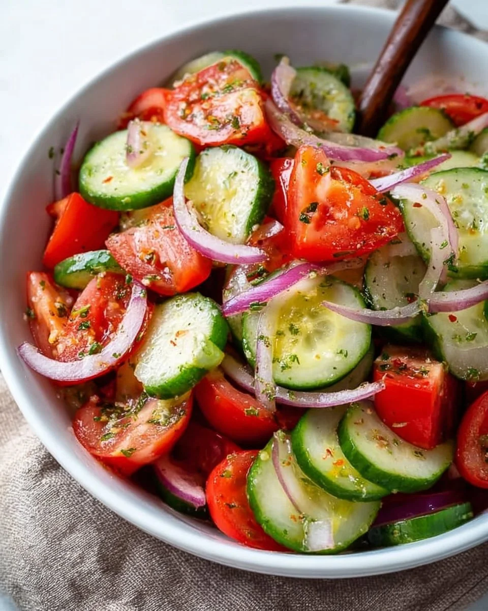 Cucumber Tomato Salad with cucumbers, tomatoes, and red onion in tangy dressing