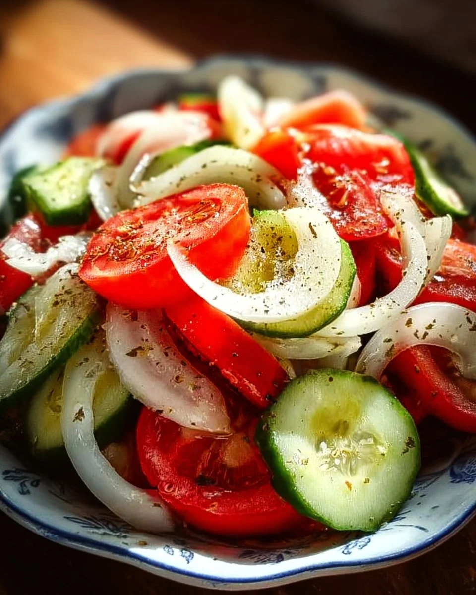 Fresh tomato, cucumber, and onion salad served in a bowl.