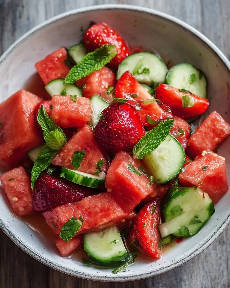Fresh watermelon cucumber strawberry salad in a bowl, vibrant and healthy