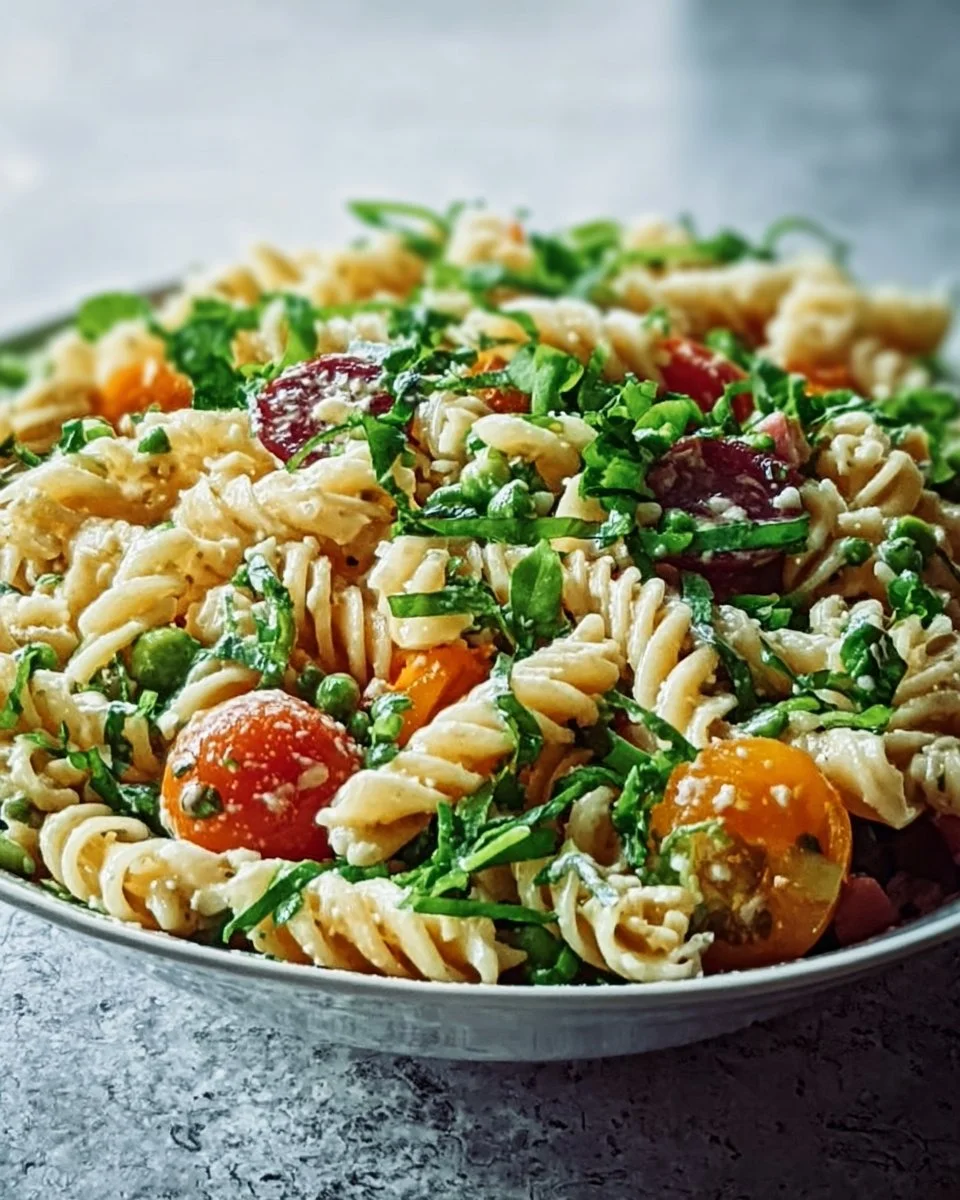 Delicious bowl of Crack Pasta Salad with fresh vegetables and dressing