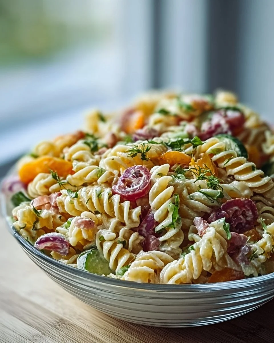 Bowl of addictive Crack Pasta Salad with colorful ingredients ready to serve