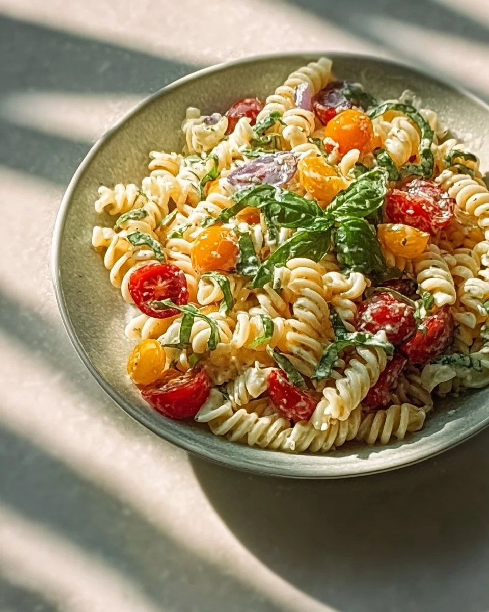 Bowl of addictive Crack Pasta Salad garnished with fresh herbs and veggies