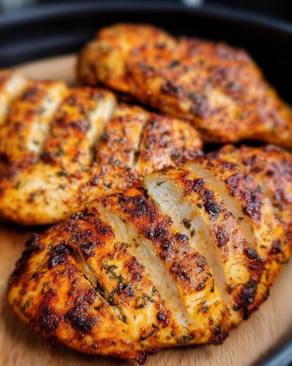 Air fryer grilled chicken served with vegetables on a plate