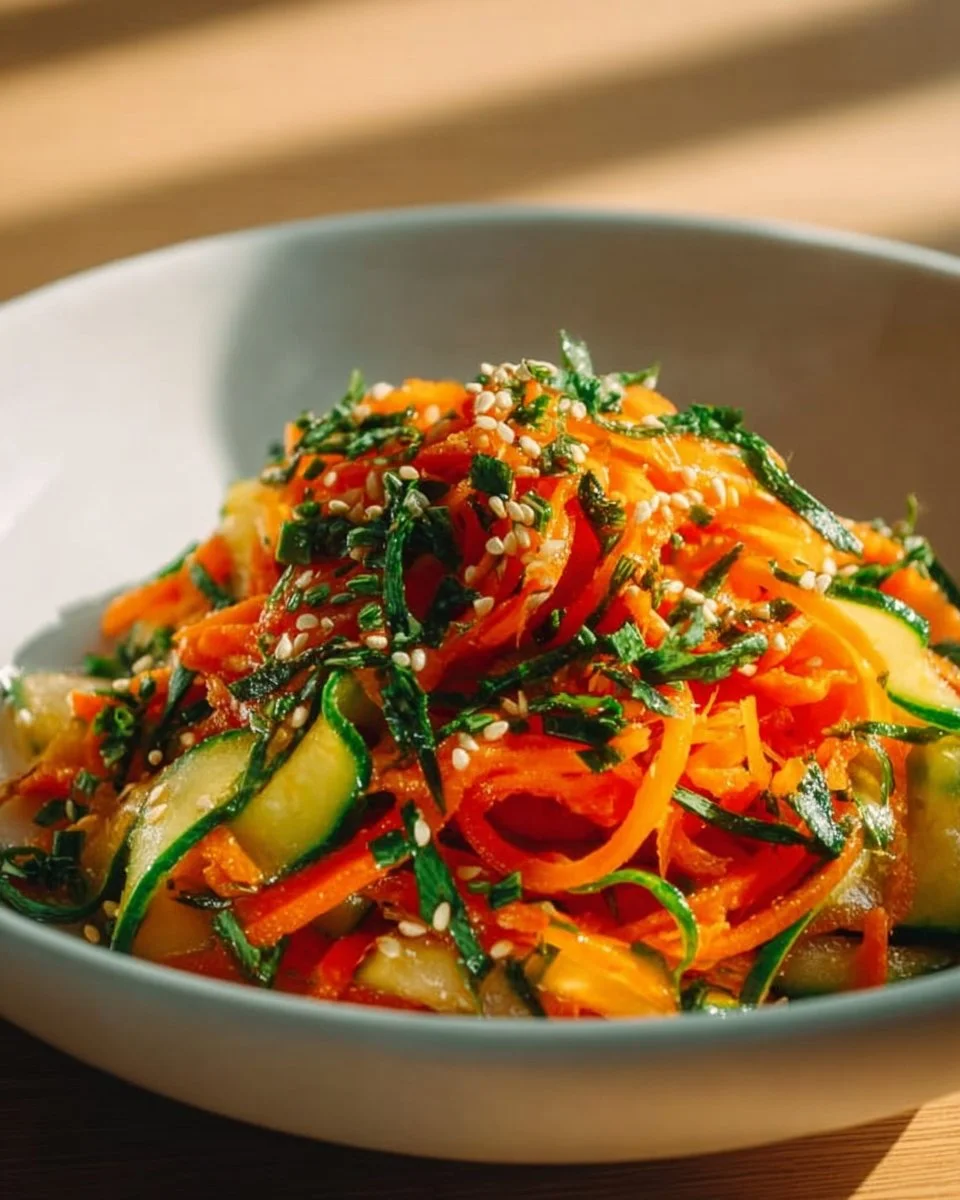 A vibrant bowl of Asian Carrot Salad with colorful toppings and dressings
