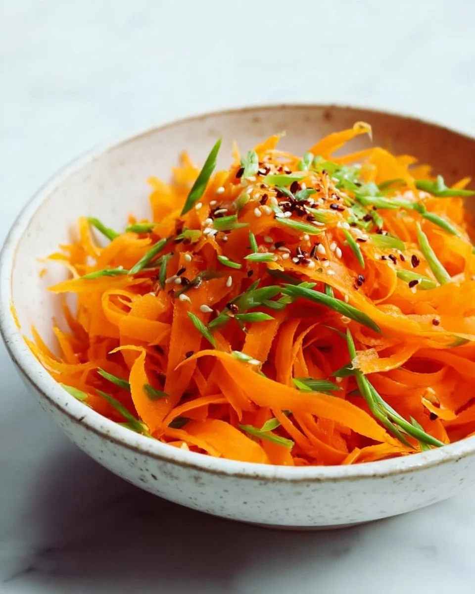 Fresh Asian raw carrot salad with vegetables and sesame dressing.