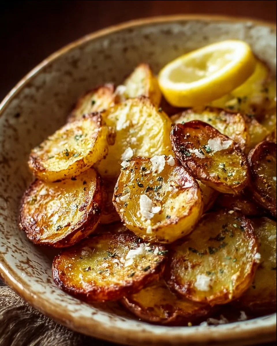 Plate of authentic Greek potatoes with crispy lemon seasoning