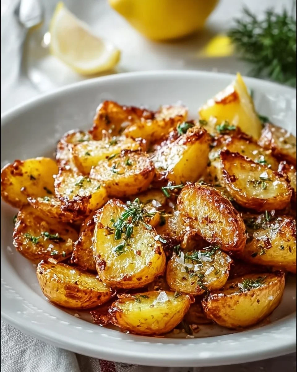 Plate of authentic Greek potatoes with crispy lemon and herbs