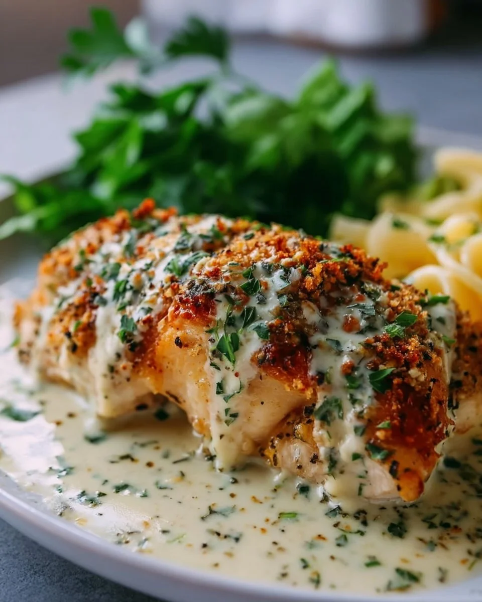 Baked Caesar Chicken with creamy Parmesan sauce served on a plate