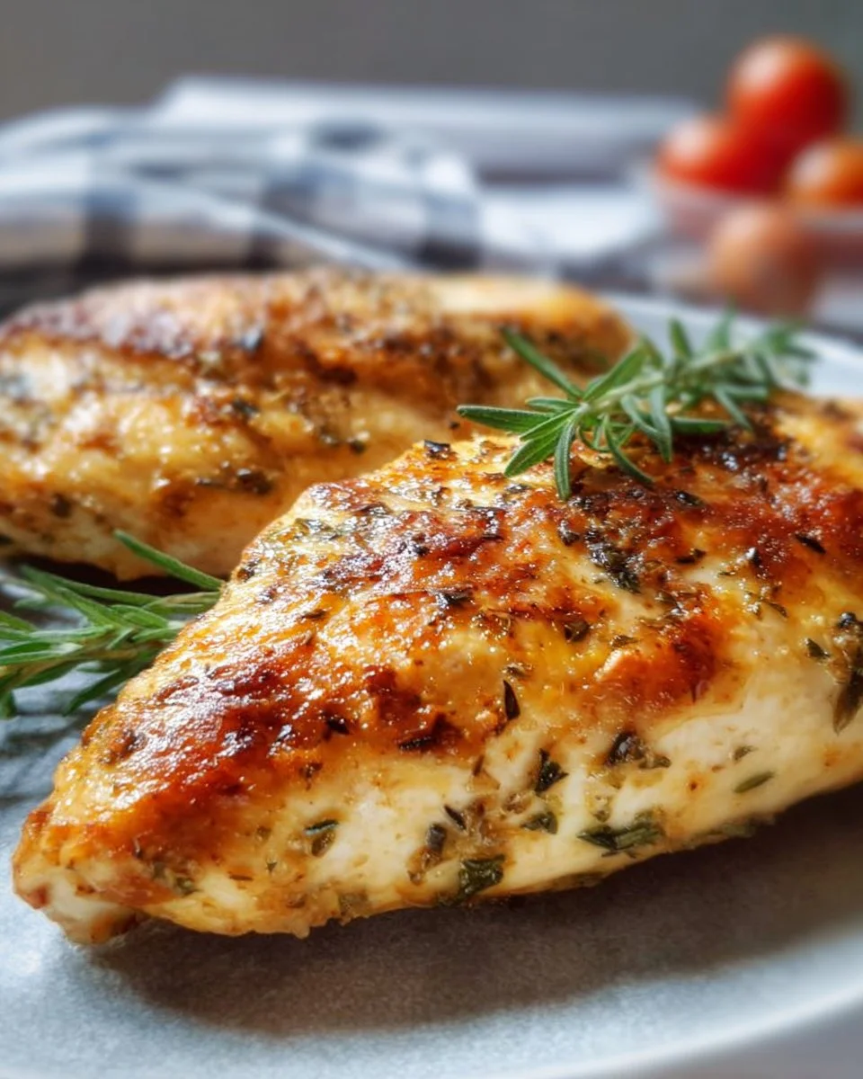 Juicy and golden baked chicken breast served on a plate