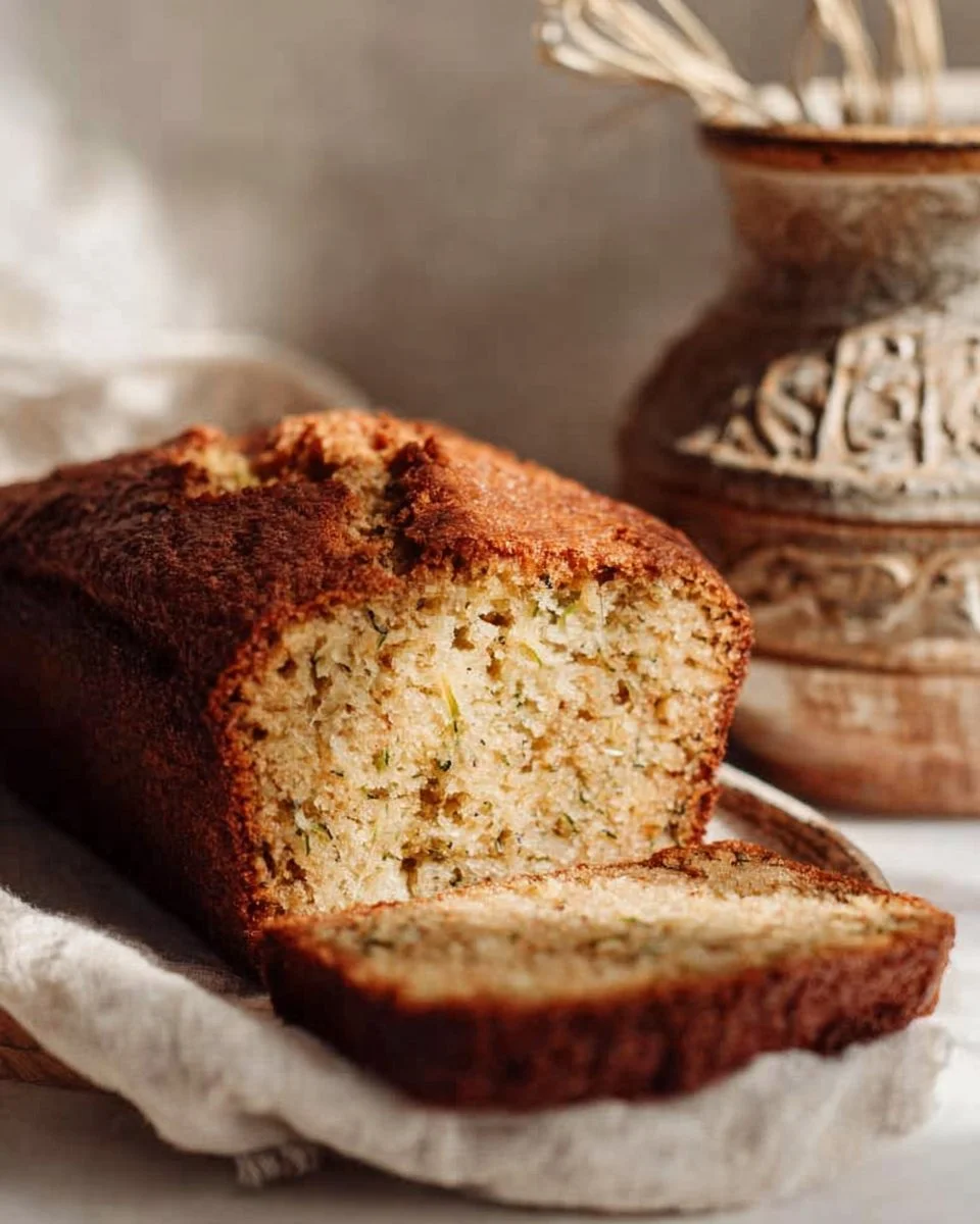 A loaf of homemade Banana Zucchini Bread with slices on a wooden table.