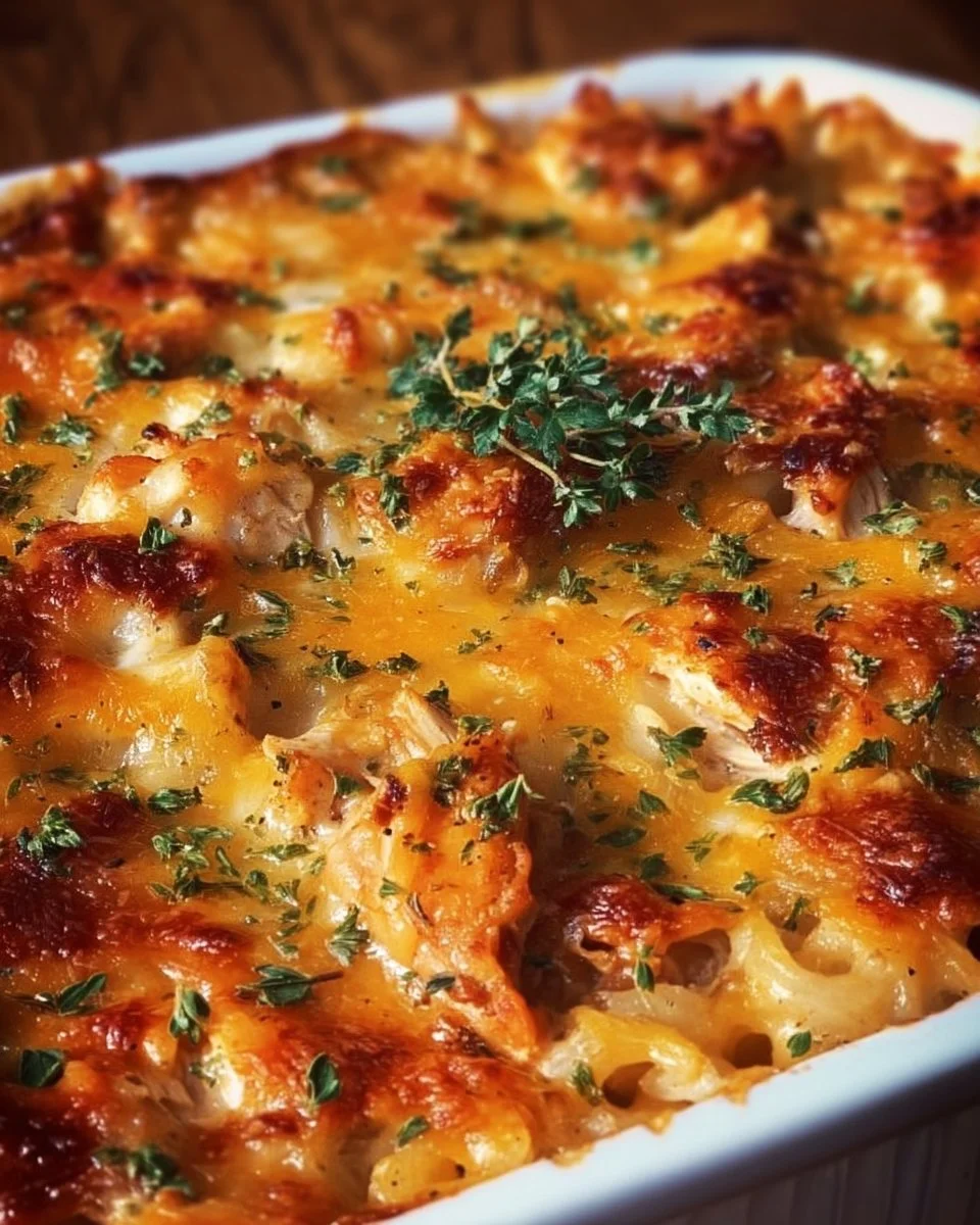 Delicious BBQ Ranch Chicken Casserole topped with cheese and fresh herbs