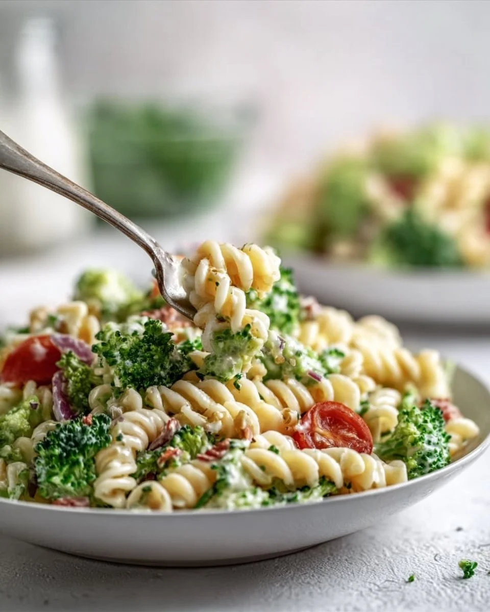Fresh broccoli pasta salad with colorful vegetables and dressing