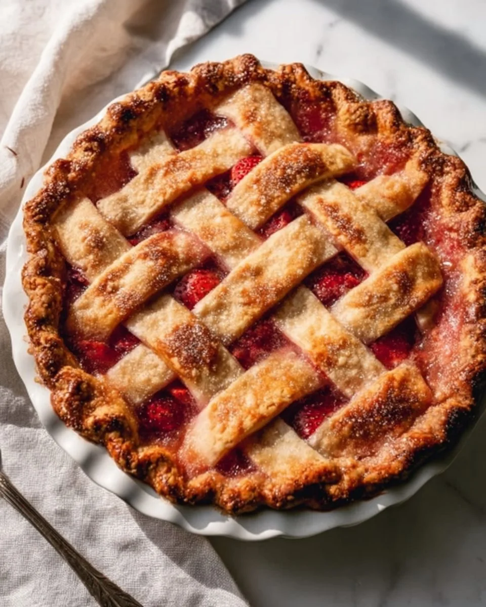 Delicious homemade strawberry rhubarb pie on a rustic wooden table