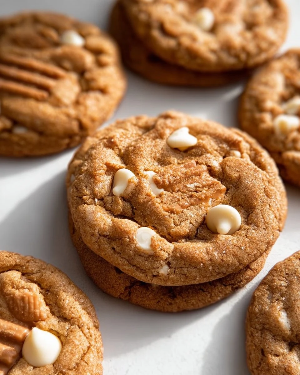 Biscoff cookies with white chocolate chips and cookie butter on a plate