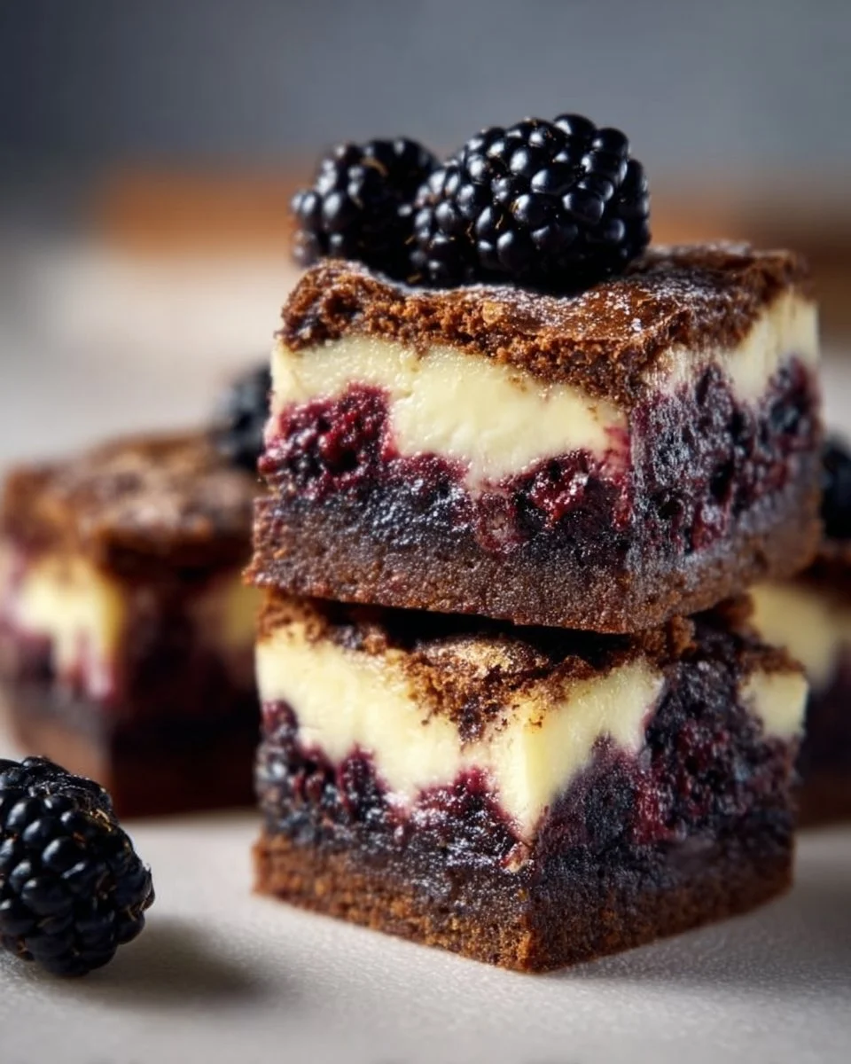 Delicious blackberry cheesecake brownies topped with fresh blackberries.