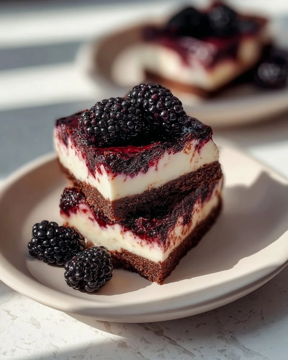 Delicious Blackberry Cheesecake Brownies topped with fresh blackberries and cream.