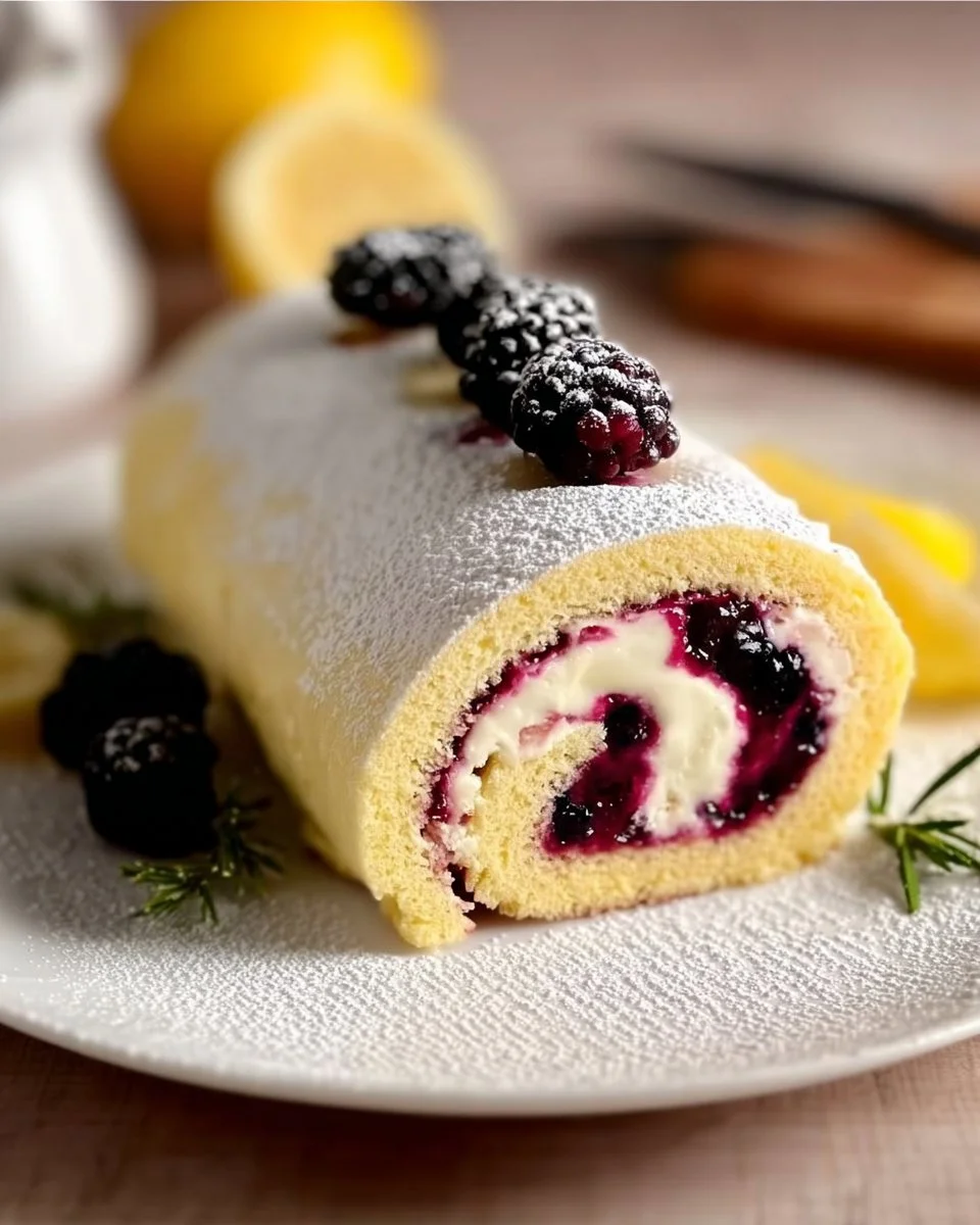 Delicious Blackberry Lemon Cake Roll with fresh blackberries and lemon zest