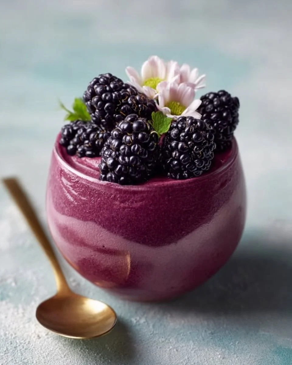 Delicious blackberry mousse topped with fresh blackberries.