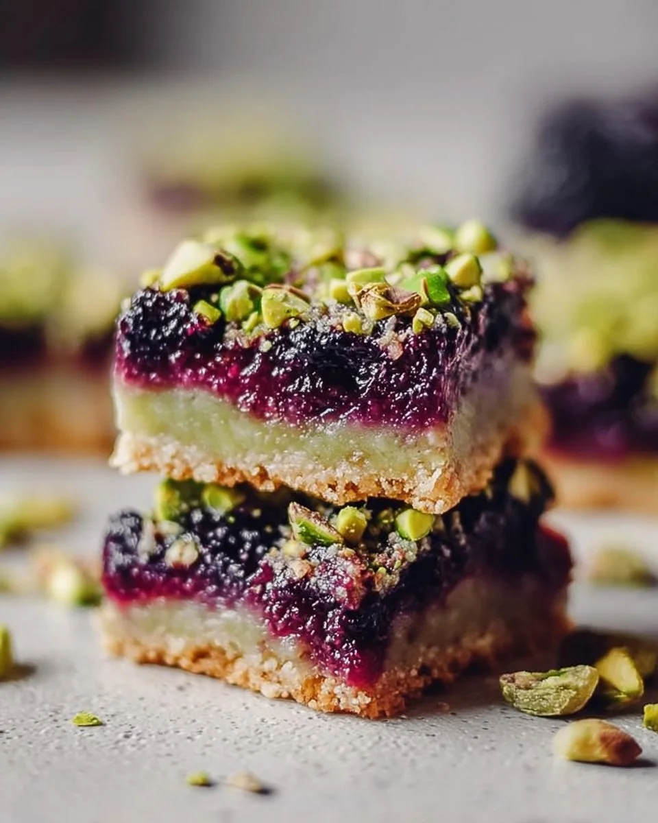 Delicious Blackberry Pistachio Dream Bars with berries and nuts