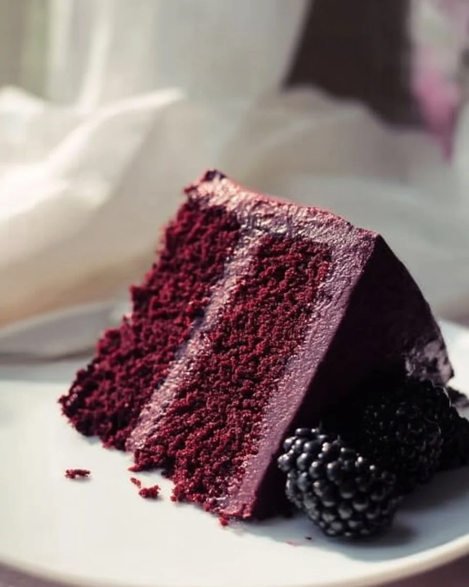 Delicious slice of Blackberry Velvet Cake topped with fresh blackberries and cream.
