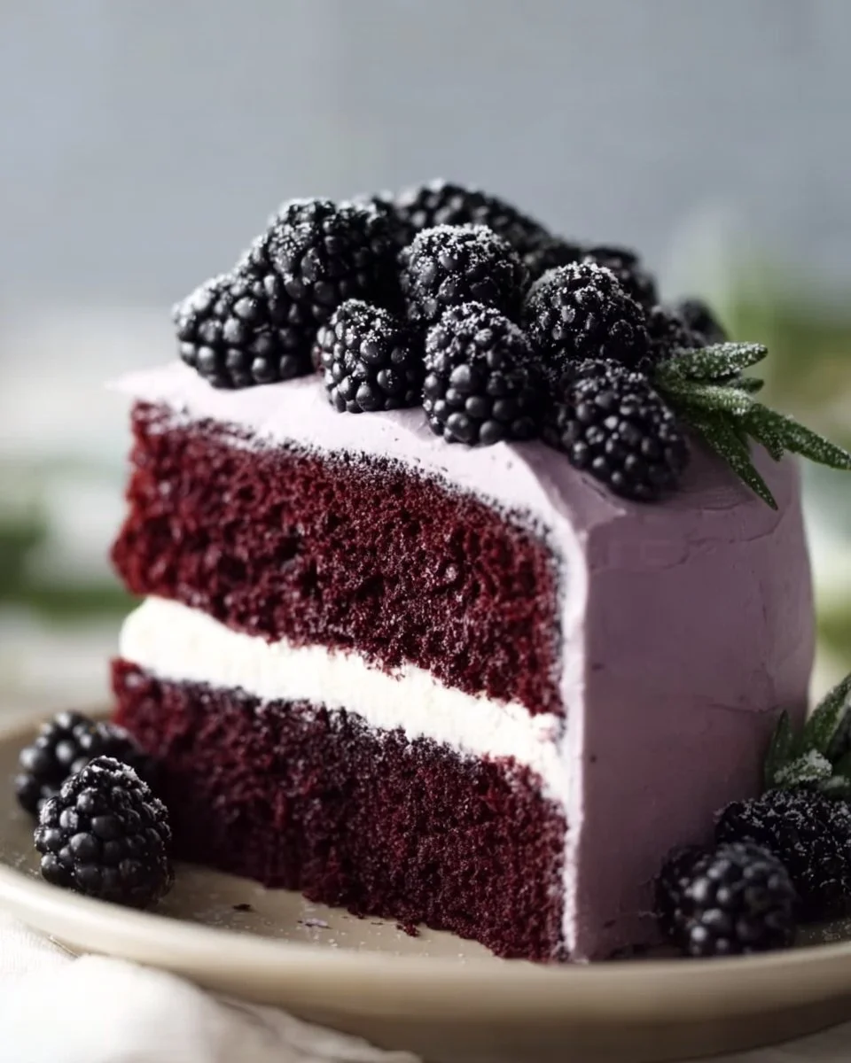 Slice of blackberry velvet cake with lush frosting on a decorative plate
