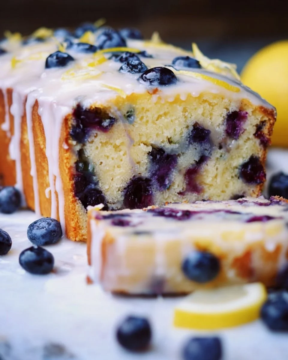 Blueberry lemon pound cake topped with lemon glaze, a delightful dessert treat.