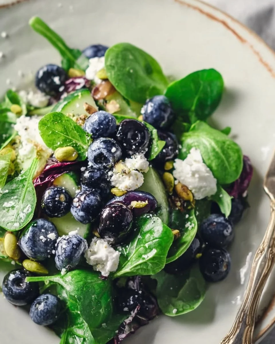 Blueberry pistachio spring salad with fresh greens and vibrant ingredients