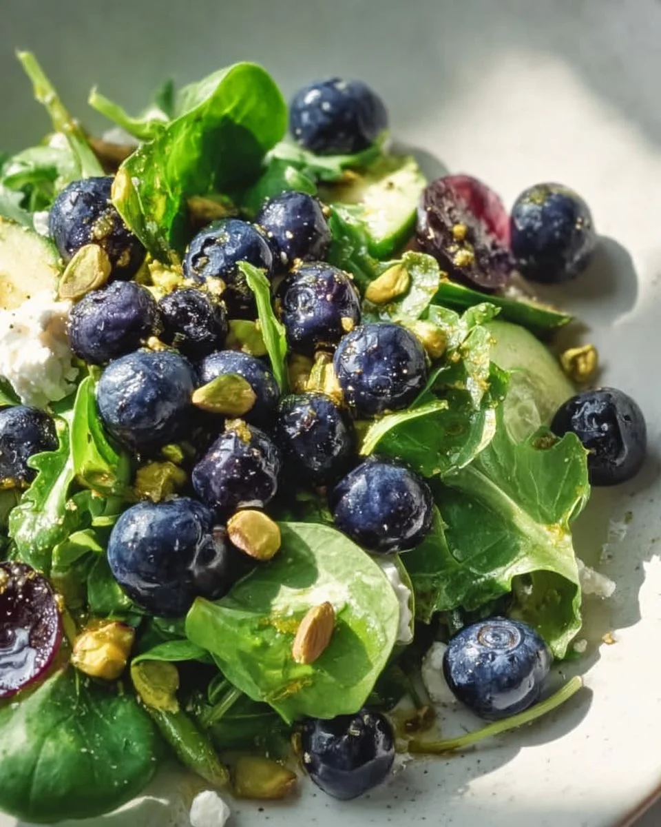 Blueberry Pistachio Spring Salad with fresh greens and vibrant toppings