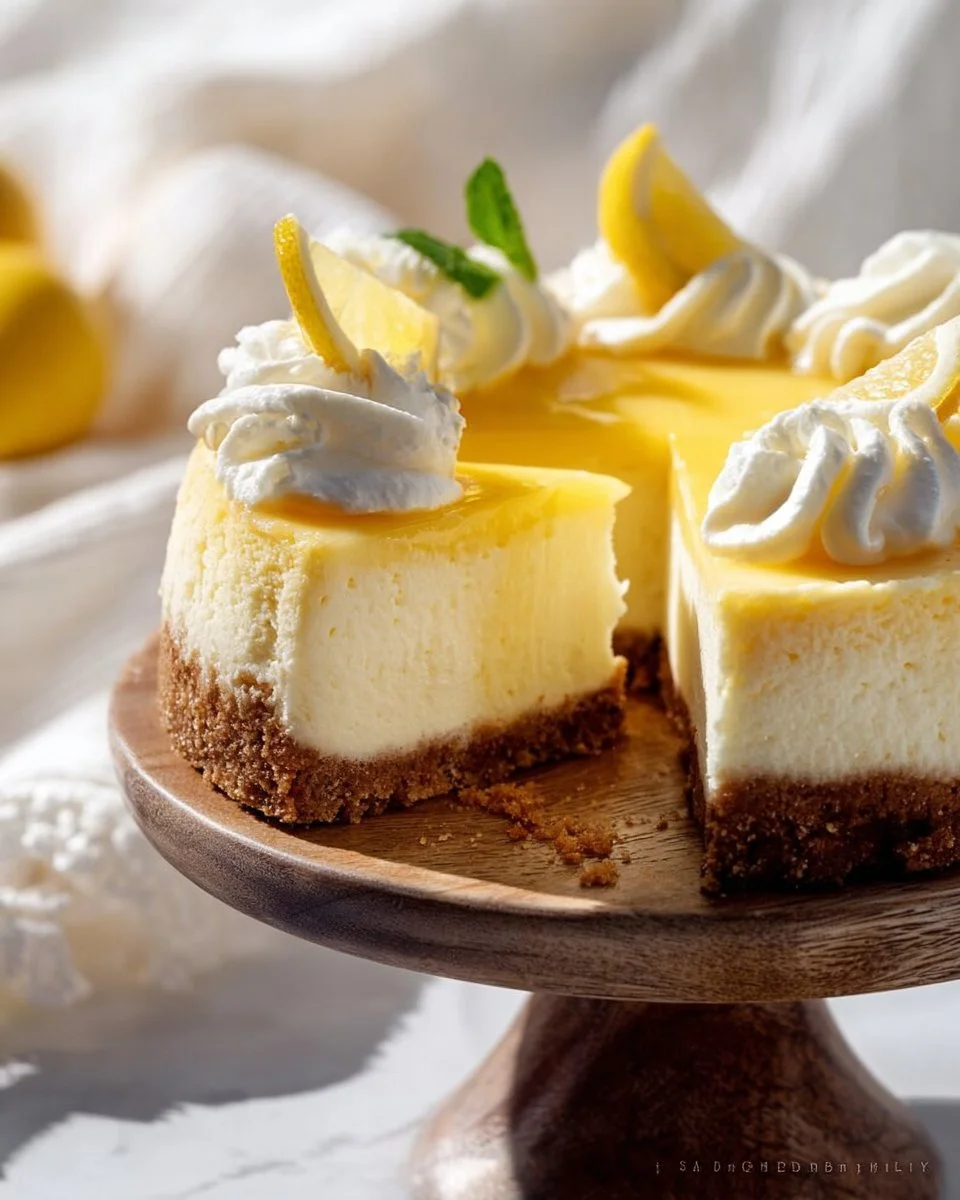 Delicious New York-style lemon cheesecake with graham cracker crust
