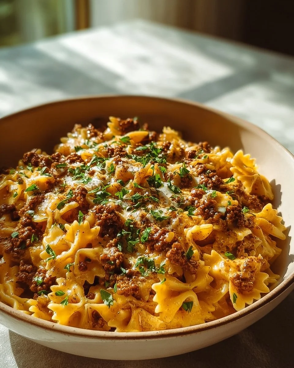 Cajun Cream Cheese Alfredo Bowties with Spiced Ground Beef dish