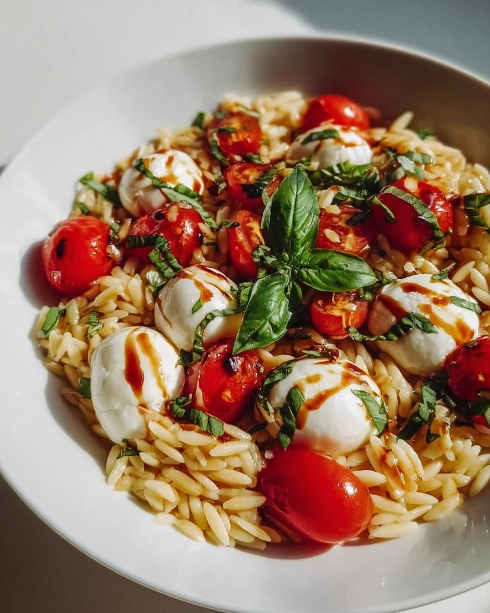 Delicious Caprese Orzo Salad with tomatoes, mozzarella, and basil in a bowl.