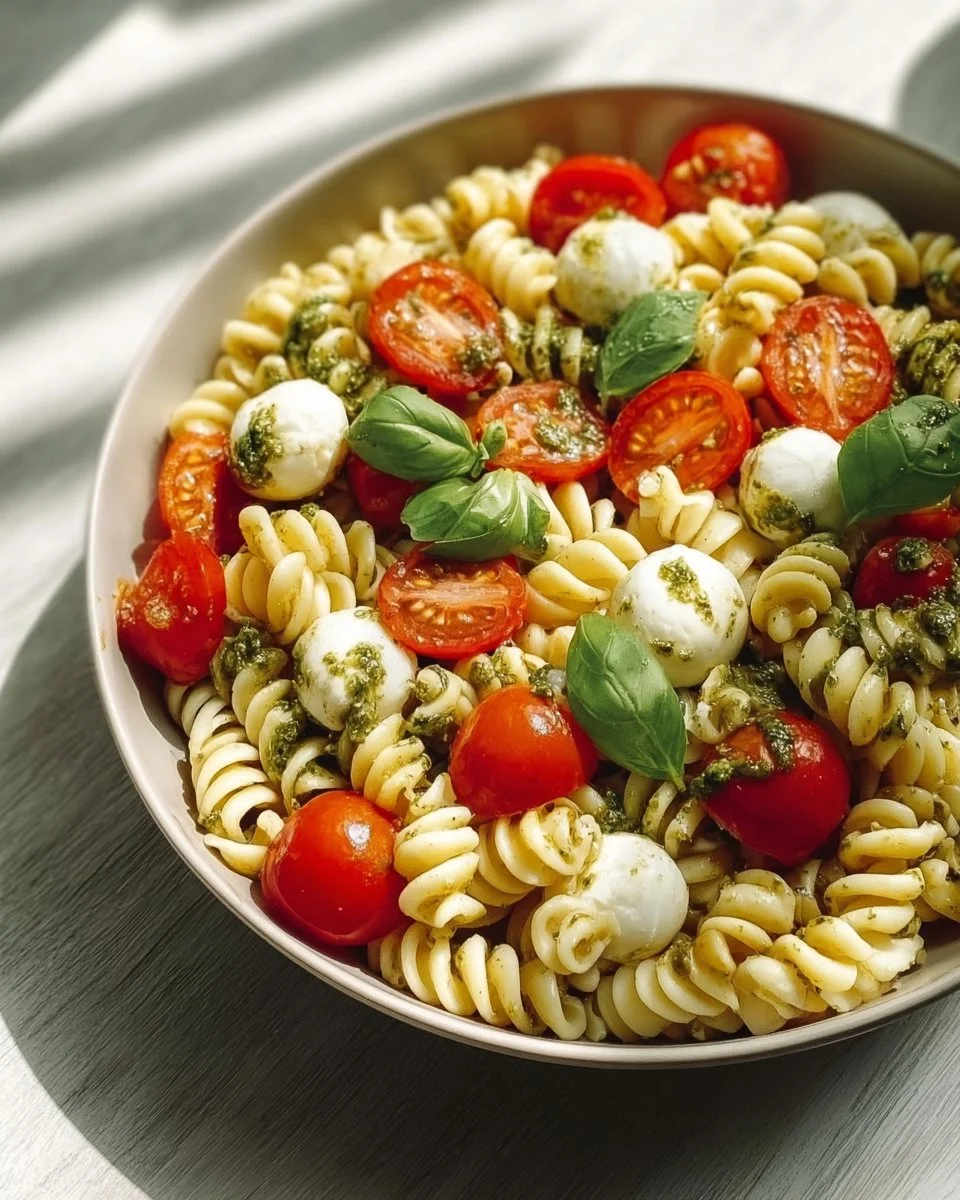 Delicious Caprese Pasta Salad with tomatoes, mozzarella, and fresh basil