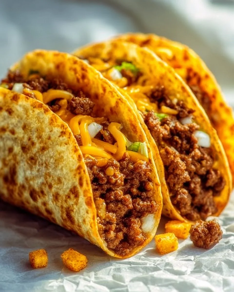 Delicious cheesy beef tacos garnished with fresh ingredients