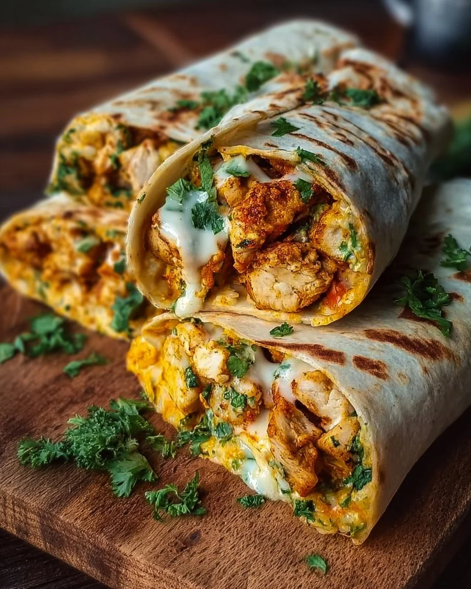 Delicious cheesy garlic chicken wraps served on a plate.