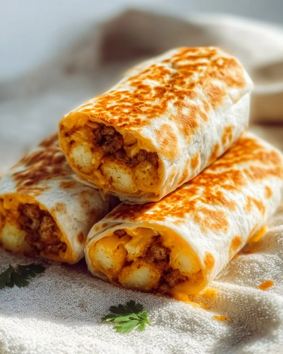 Cheesy potato burritos wrapped in a warm tortilla, showcasing delicious filling