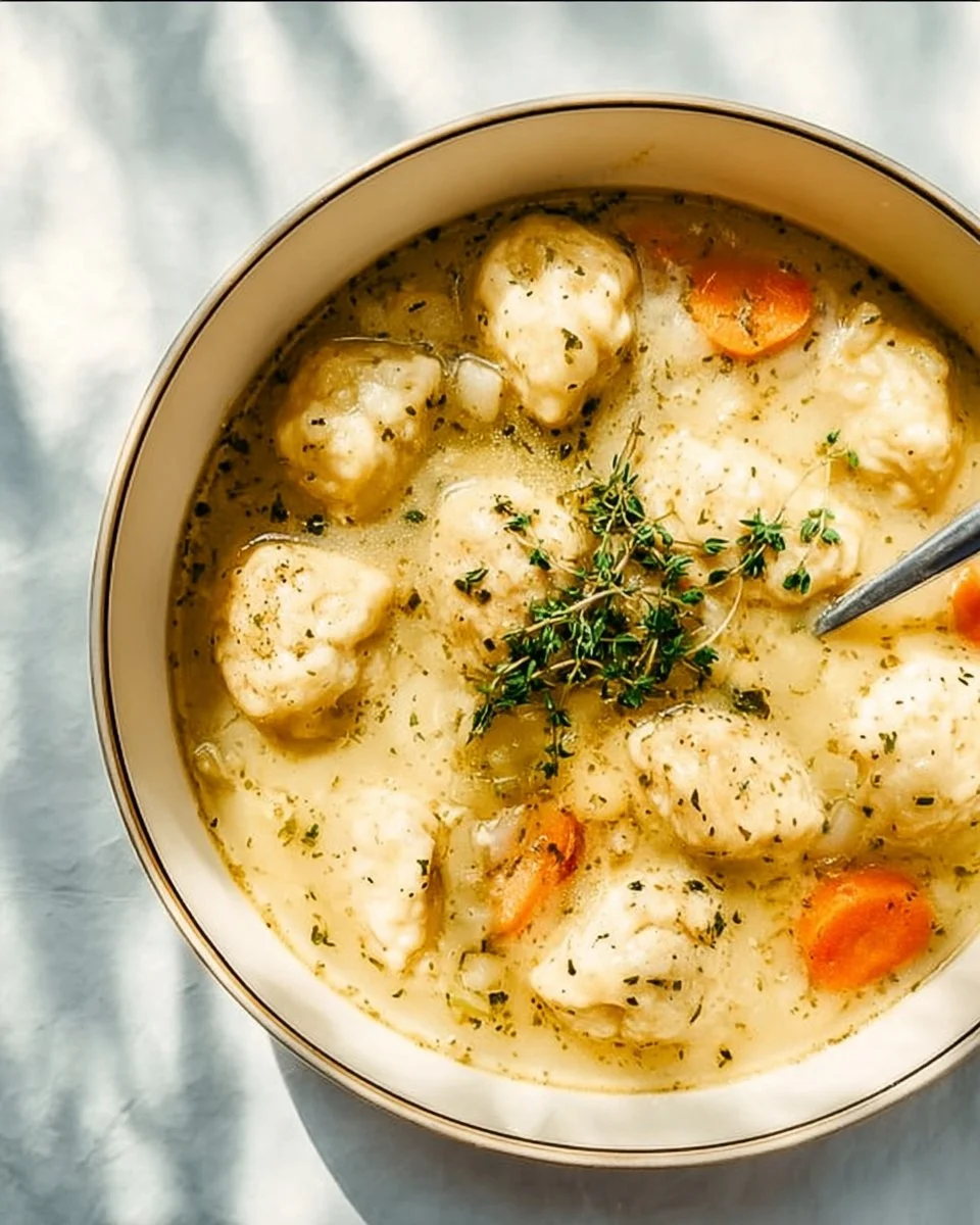 Bowl of Chicken Dumpling Soup with herbs and vegetables
