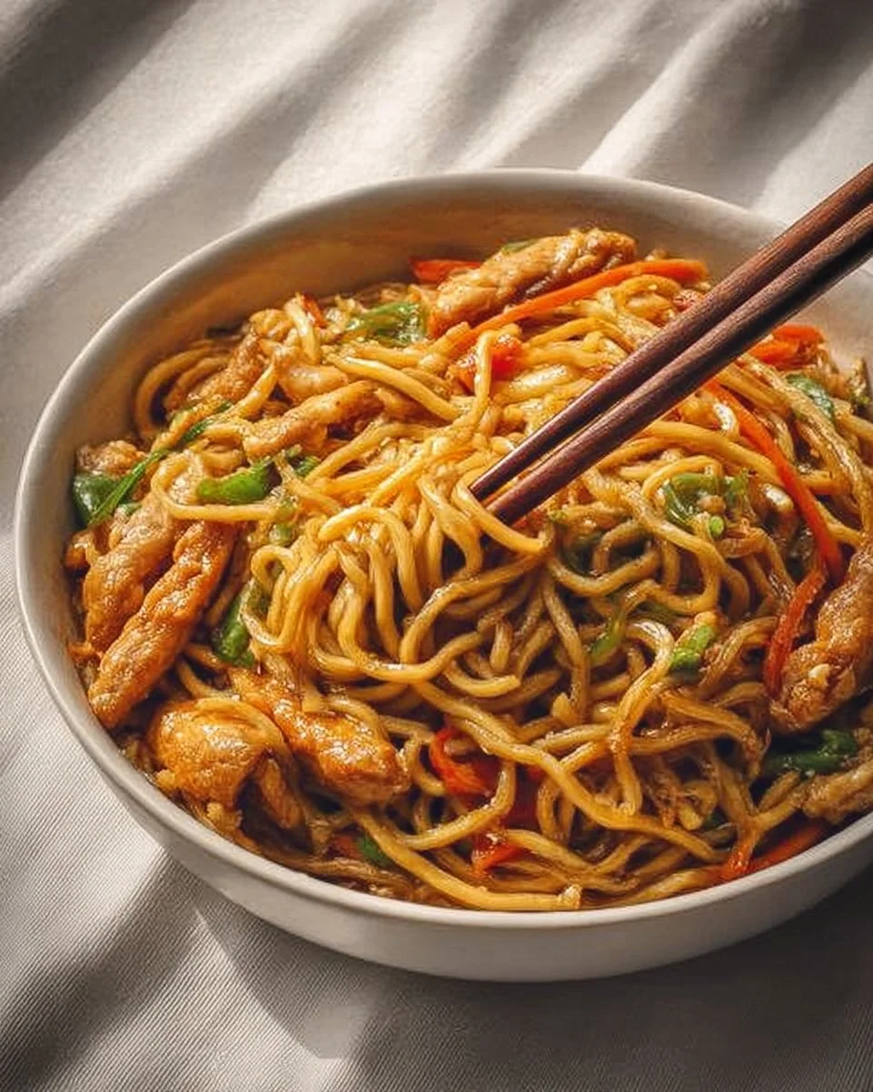 Delicious Chicken Fried Noodles garnished with vegetables and herbs