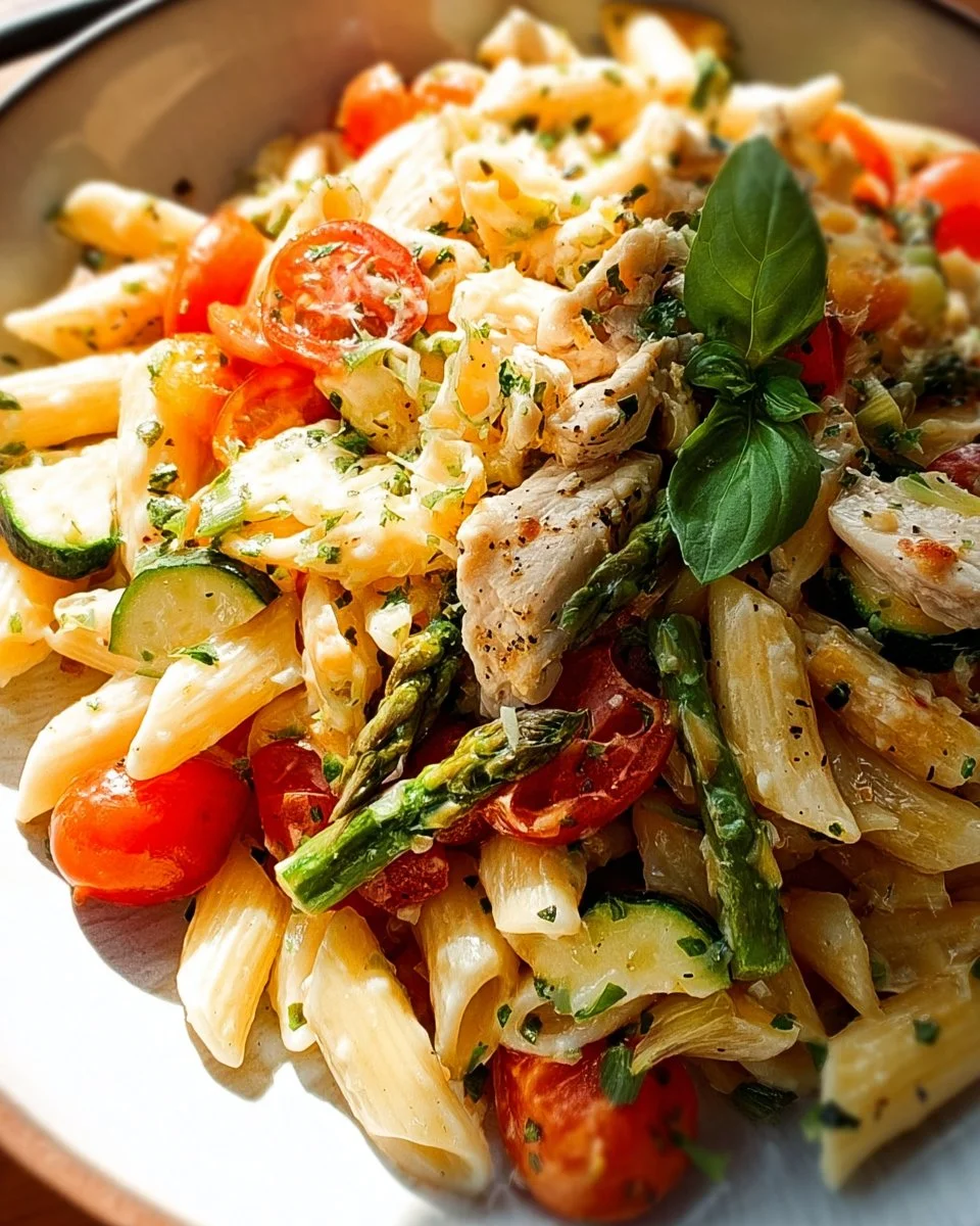 A delicious serving of Chicken Pasta Primavera topped with fresh vegetables.