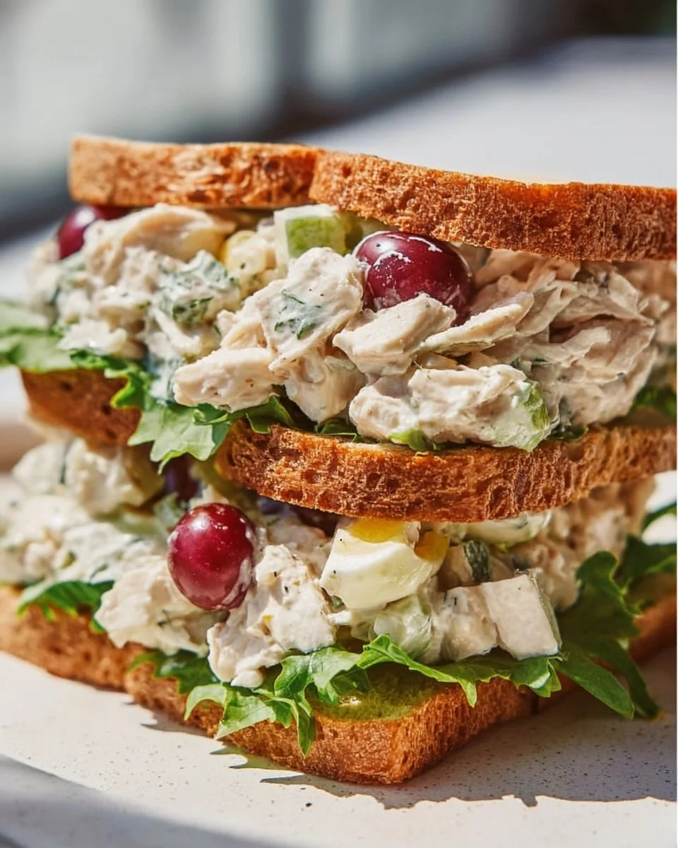 Delicious chicken salad sandwich on a plate with fresh ingredients.