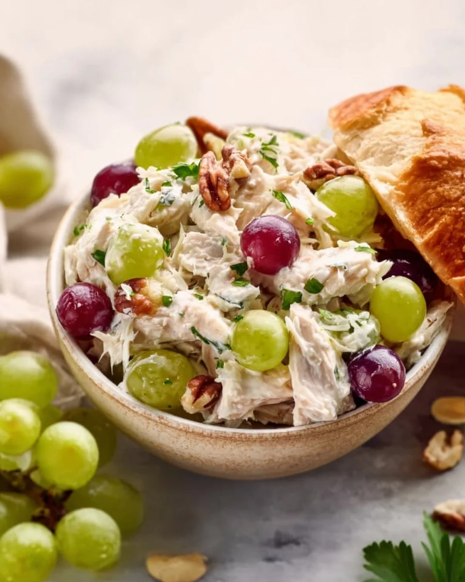 Chicken salad with grapes and nuts served in a bowl
