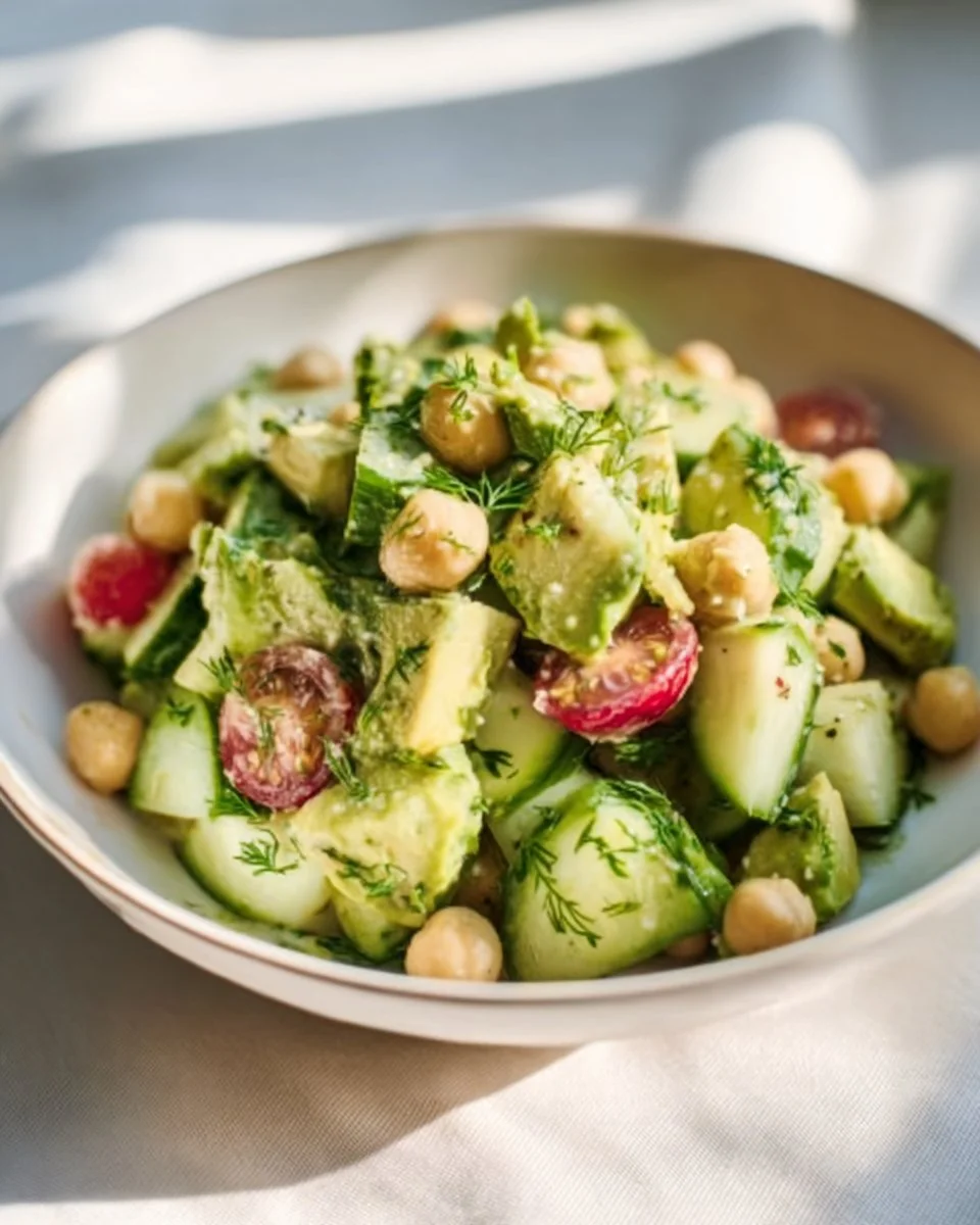 Chickpea Avocado Cucumber Salad with Lemon Dressing in a bowl
