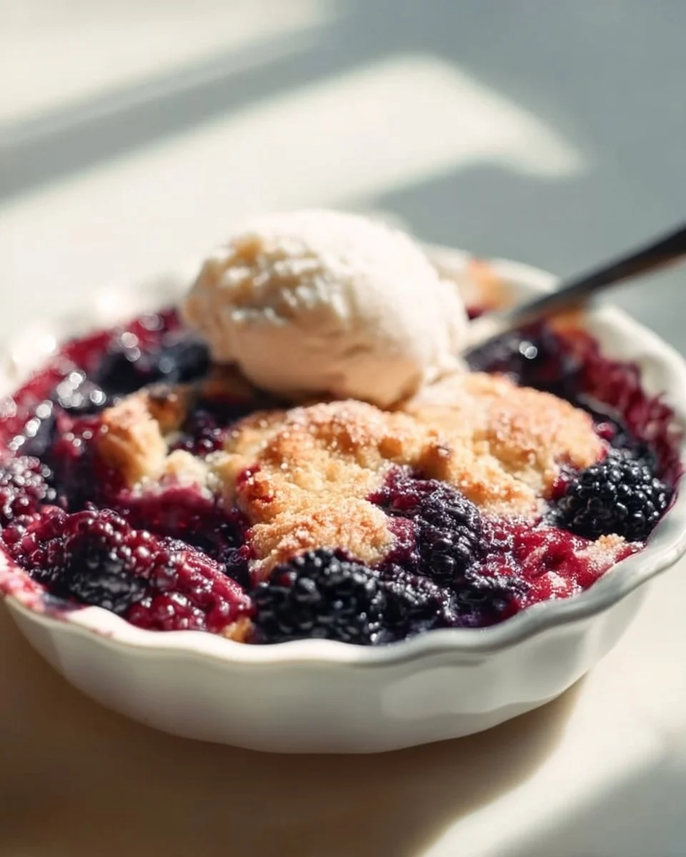 Delicious classic blackberry cobbler with fresh blackberries and golden crust